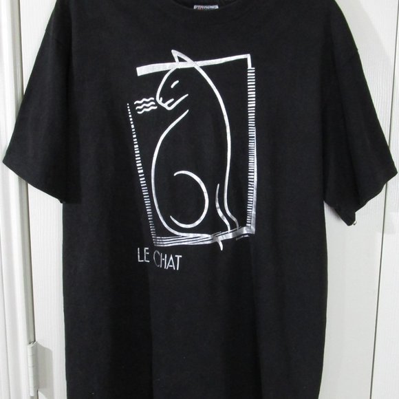 Pre-Owned Hanes SS Le Chat Silver Metallic Cat Outline Black T-Shirt, L (42-44) - Picture 3 of 3